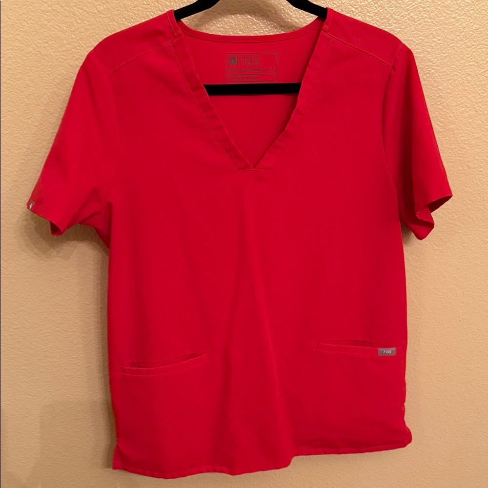 Figs V-Neck Red Short Sleeve Top